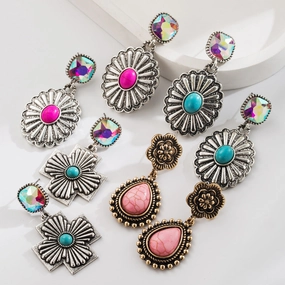 Wholesale Western style diamond turquoise drop cross retro exaggerated earrings