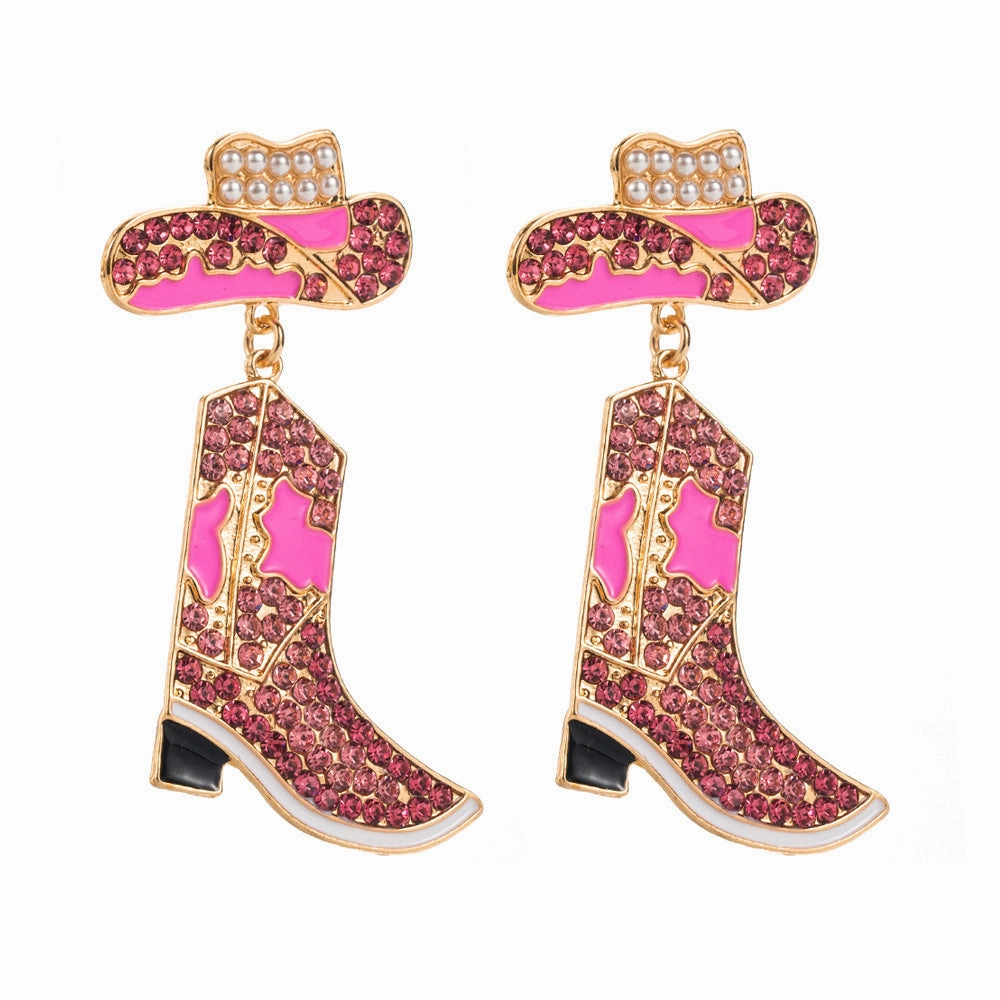 Wholesale Western Style Drip Oil Diamond-encrusted Denim Boots Exaggerated Temperament Colored Diamond Denim Hat Personalized Earrings