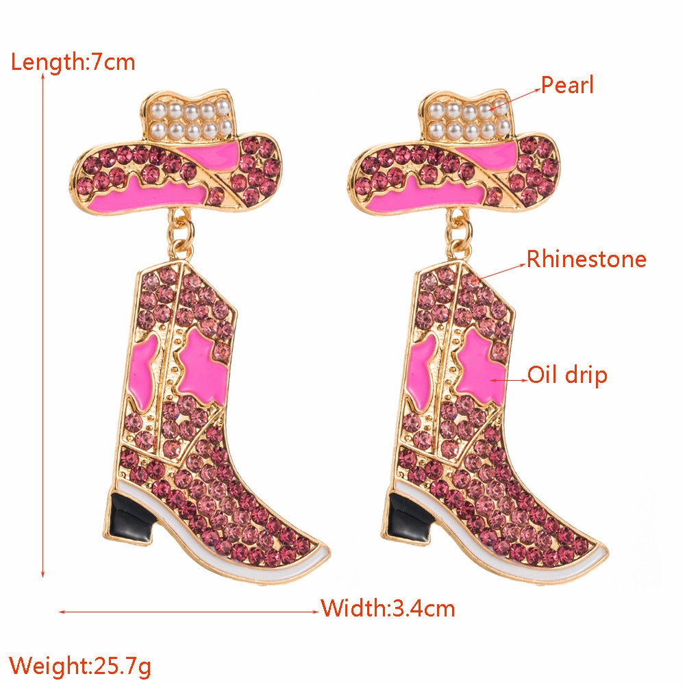 Wholesale Western Style Drip Oil Diamond-encrusted Denim Boots Exaggerated Temperament Colored Diamond Denim Hat Personalized Earrings