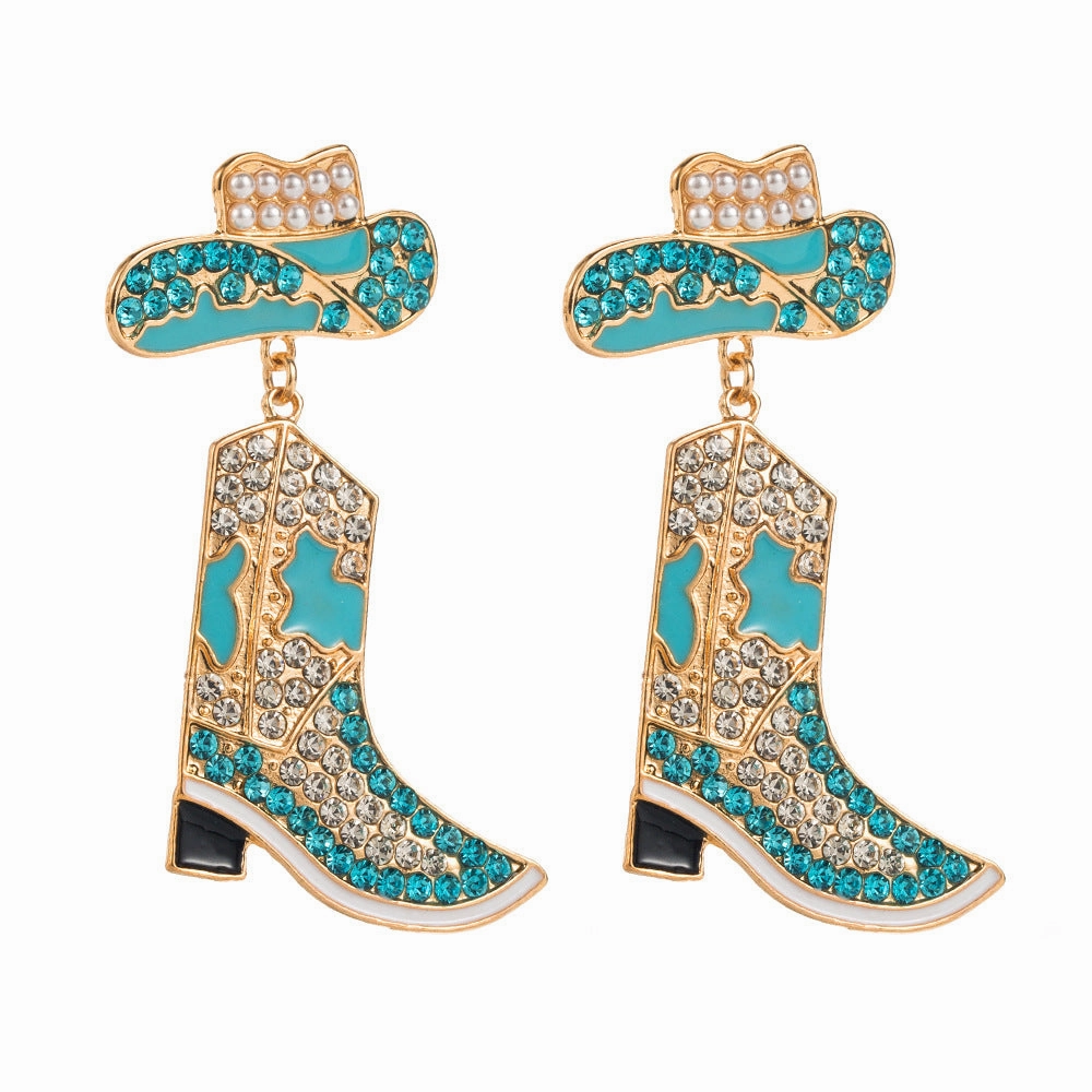 Wholesale Western Style Drip Oil Diamond-encrusted Denim Boots Exaggerated Temperament Colored Diamond Denim Hat Personalized Earrings