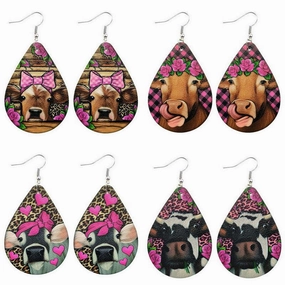 Wholesale Western Style Leopard Print Cow Head Flower Heart Valentine's Day Leather Drop Earrings