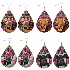Wholesale Western Style Leopard Print Cow Head Flower Heart Valentine's Day Leather Drop Earrings