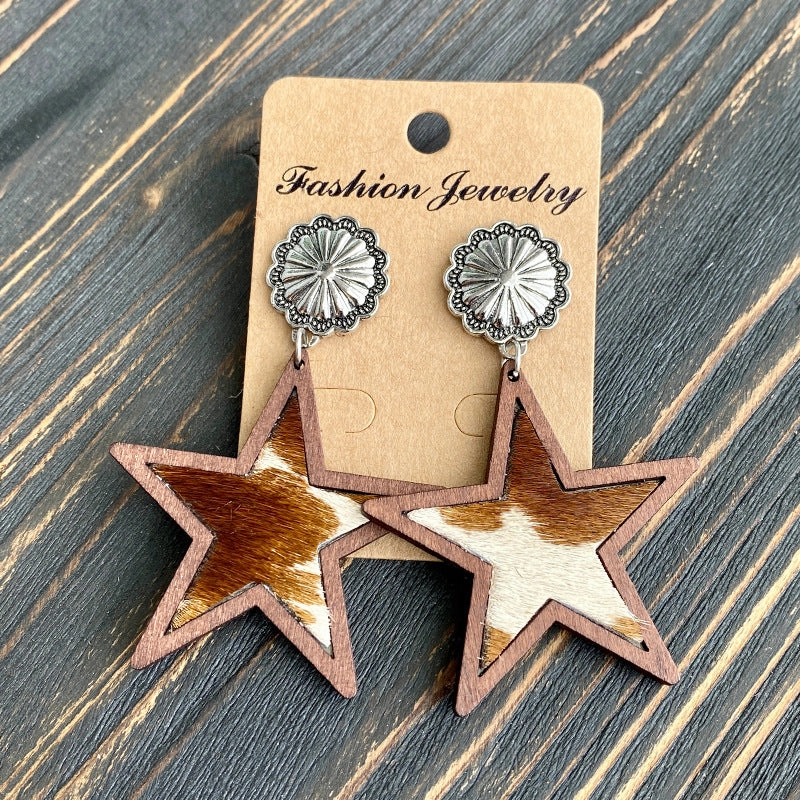 Wholesale Western Style Leopard Print Cow Print Five-pointed Star Earrings
