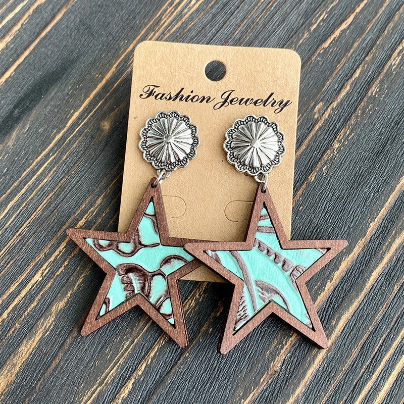 Wholesale Western Style Leopard Print Cow Print Five-pointed Star Earrings