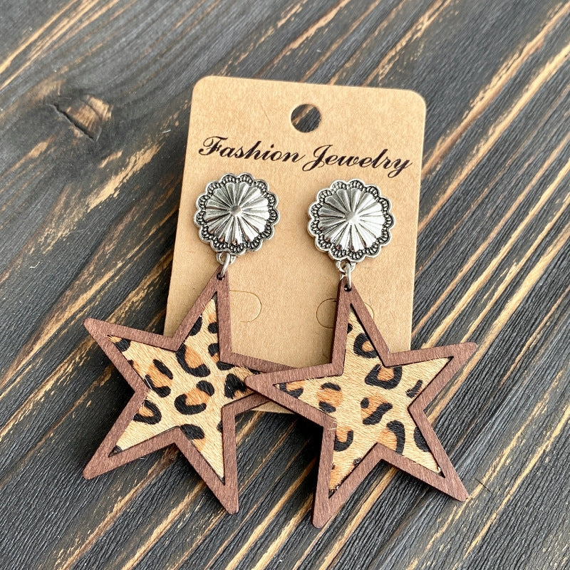 Wholesale Western Style Leopard Print Cow Print Five-pointed Star Earrings