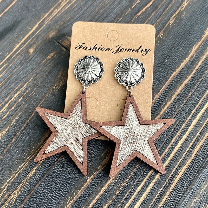 Wholesale Western Style Leopard Print Cow Print Five-pointed Star Earrings