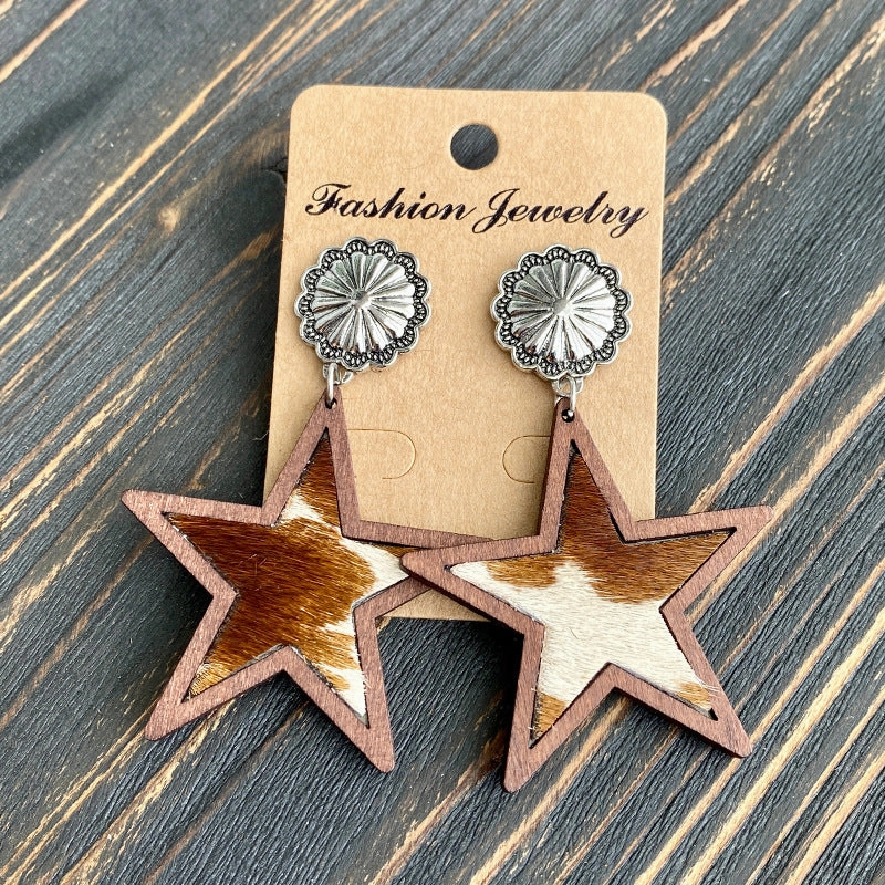 Wholesale Western Style Leopard Print Cow Print Five-pointed Star Earrings