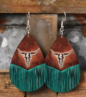 Wholesale Western Style Retro Water Drop Shaped Tassel Cow Head Earrings