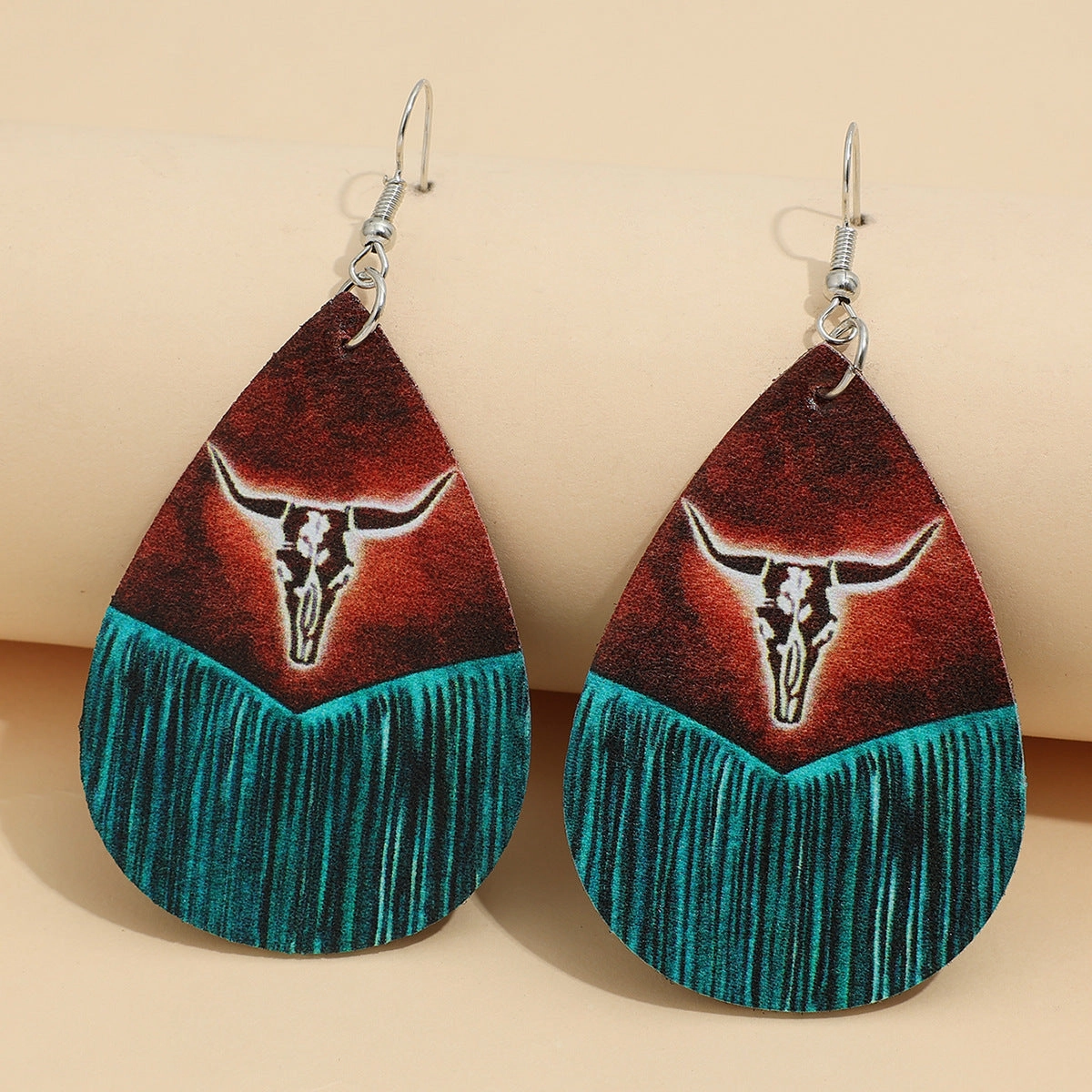 Wholesale Western Style Retro Water Drop Shaped Tassel Cow Head Earrings