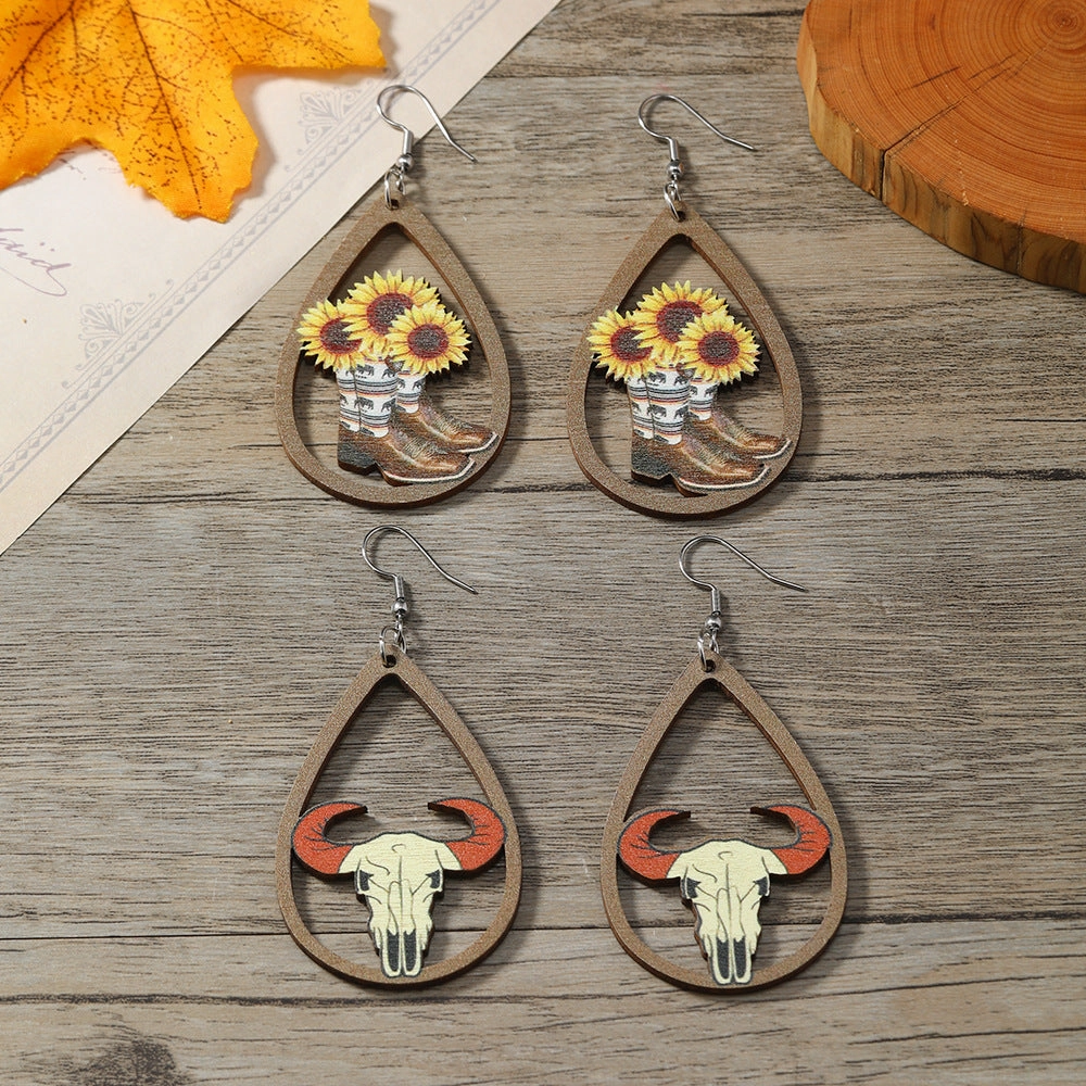 Wholesale Western Style Sunflower Bull Head Wooden Earrings