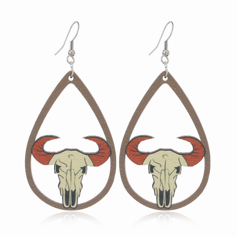 Wholesale Western Style Sunflower Bull Head Wooden Earrings