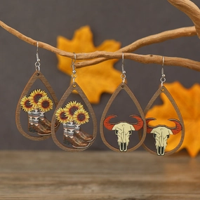 Wholesale Western Style Sunflower Bull Head Wooden Earrings