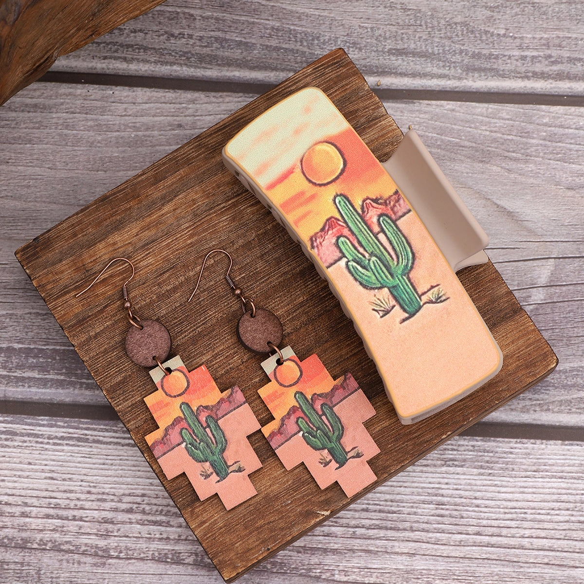 Wholesale Western Style Sunflower Cactus Leather Hair Clip Earrings Set