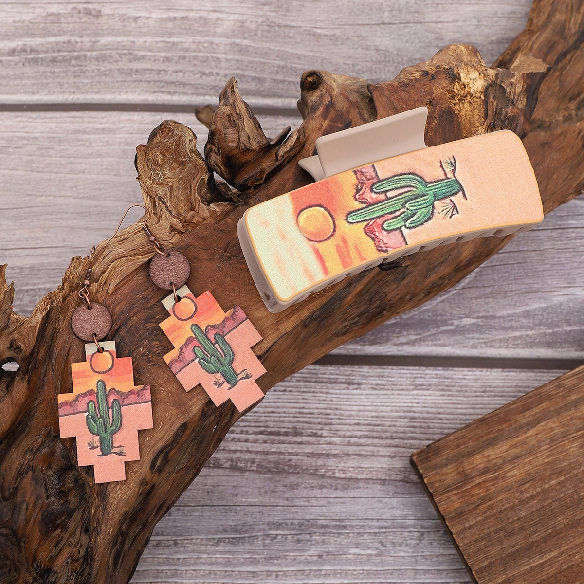 Wholesale Western Style Sunflower Cactus Leather Hair Clip Earrings Set