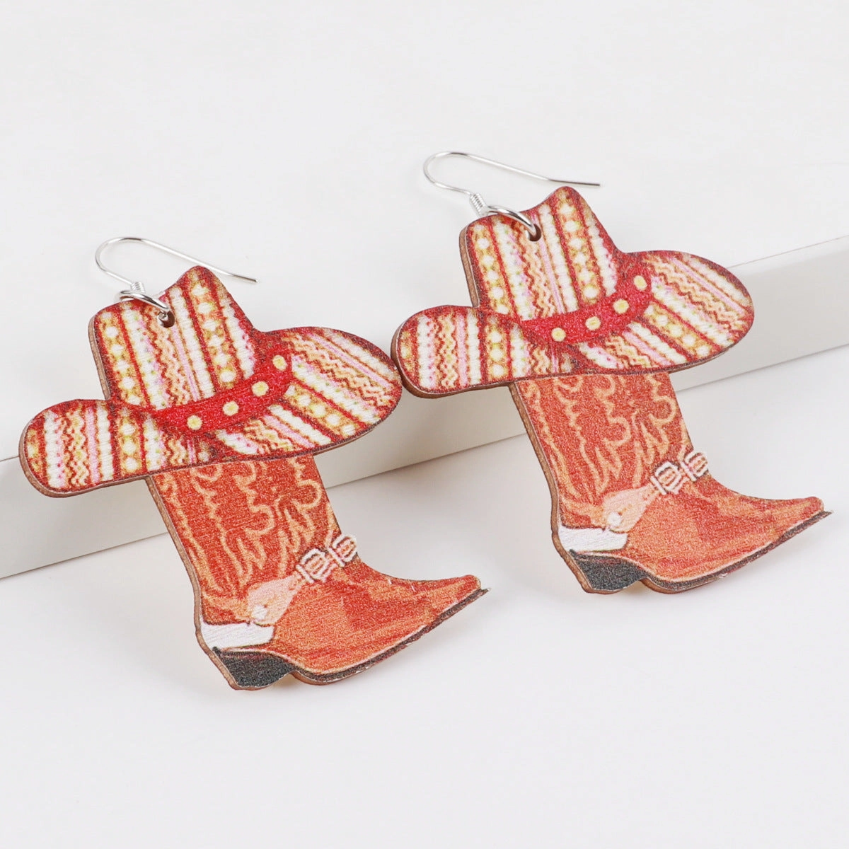Wholesale Western Style Sunflower Cow Head Boots Wood Chip Hollow Earrings