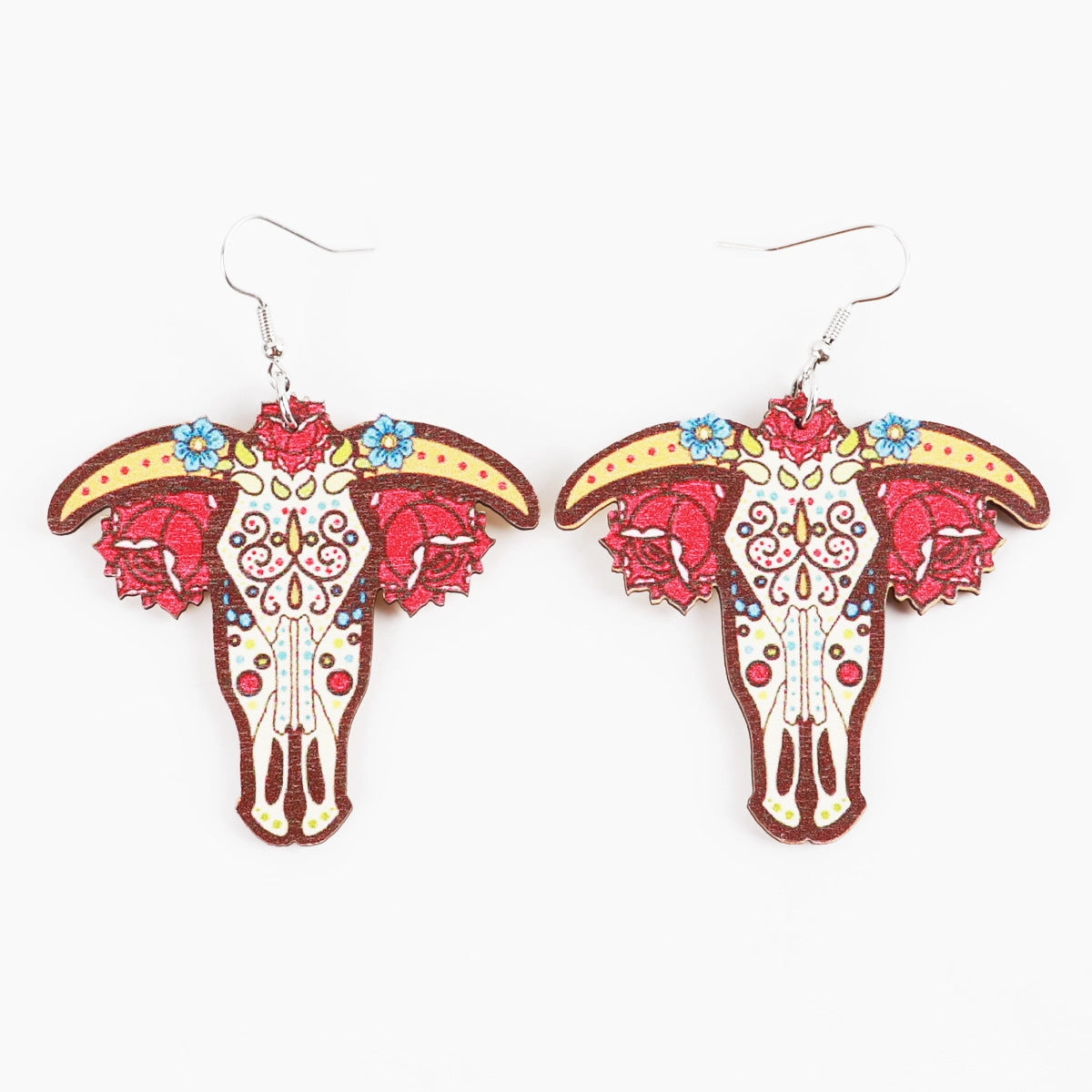 Wholesale Western Style Sunflower Cow Head Boots Wood Chip Hollow Earrings
