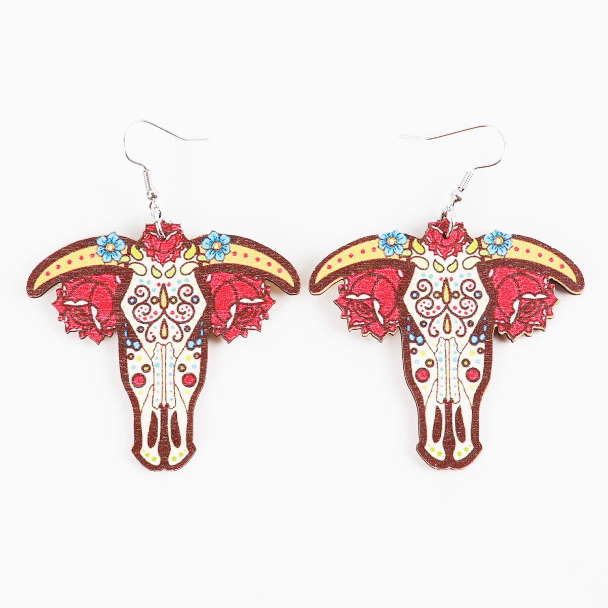 Wholesale Western Style Sunflower Cow Head Boots Wood Chip Hollow Earrings