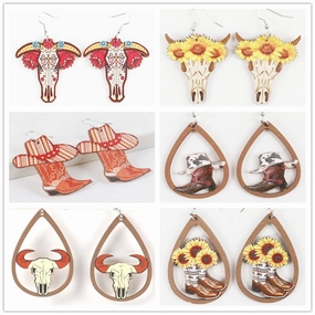 Wholesale Western Style Sunflower Cow Head Boots Wood Chip Hollow Earrings