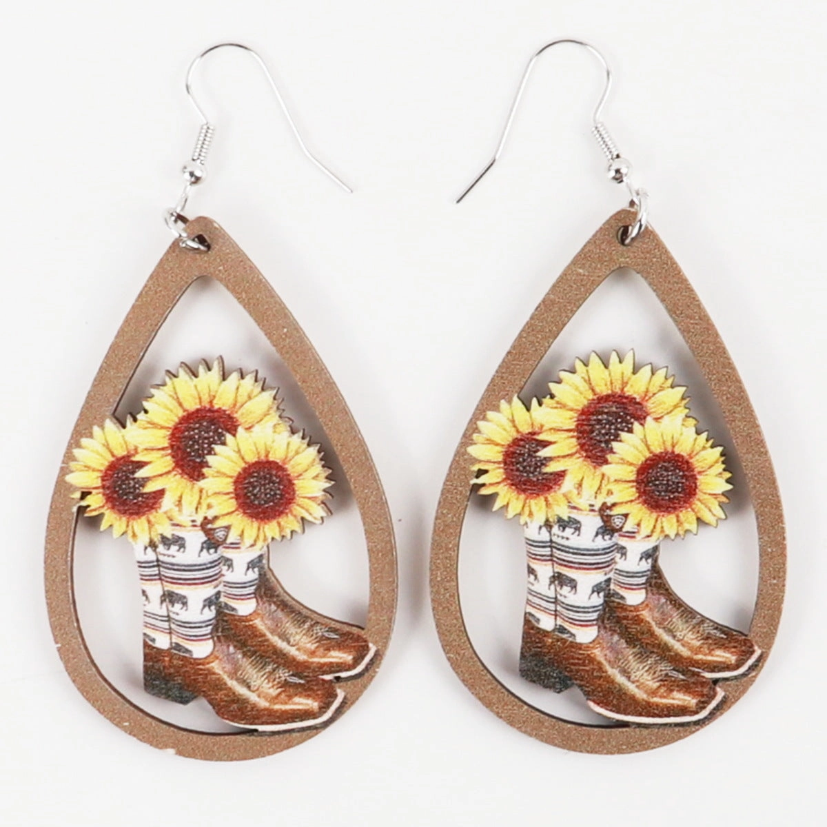 Wholesale Western Style Sunflower Cow Head Boots Wood Chip Hollow Earrings