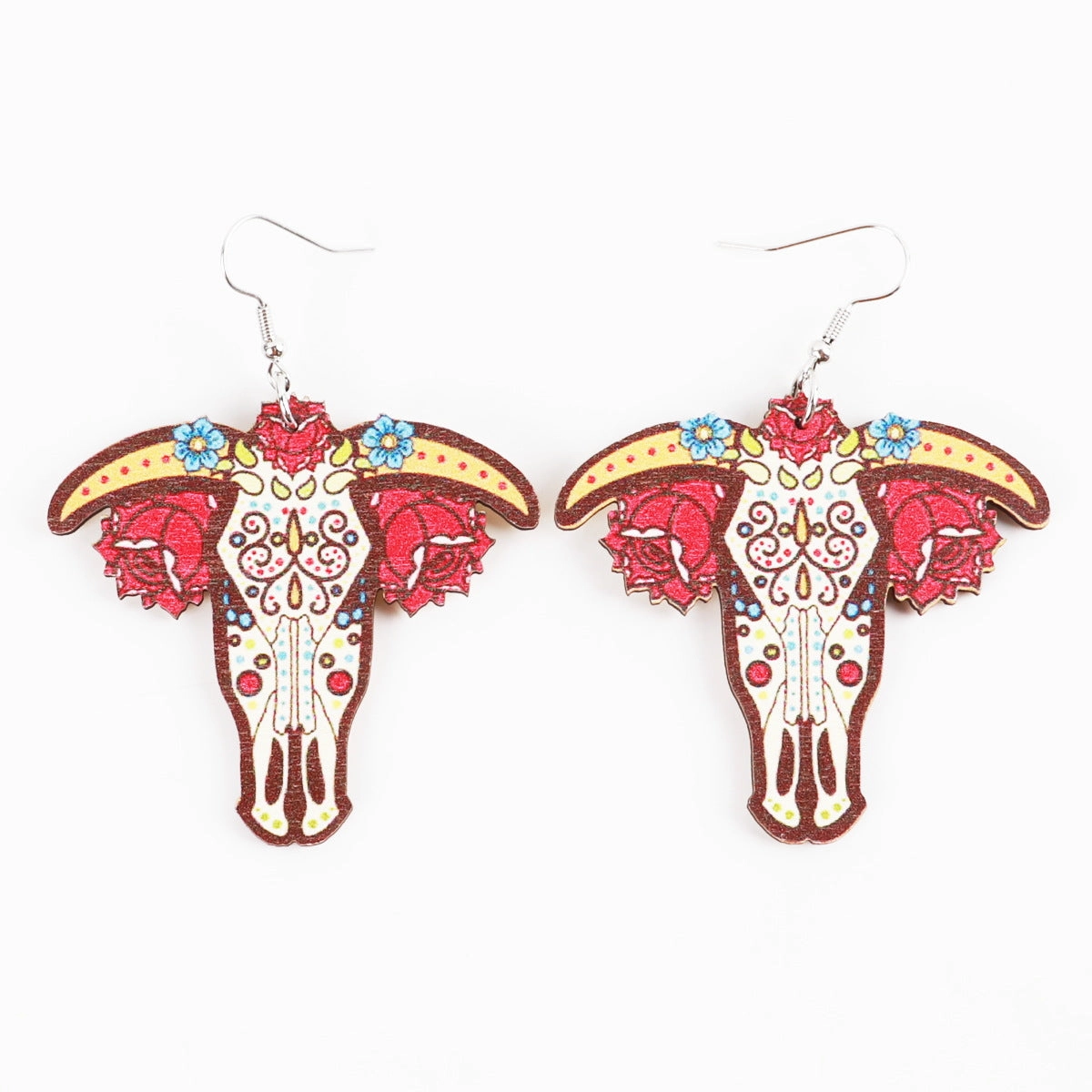 Wholesale Western Style Sunflower Cow Head Boots Wood Chip Hollow Earrings
