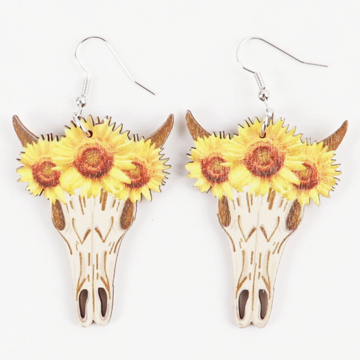 Wholesale Western Style Sunflower Cow Head Boots Wood Chip Hollow Earrings