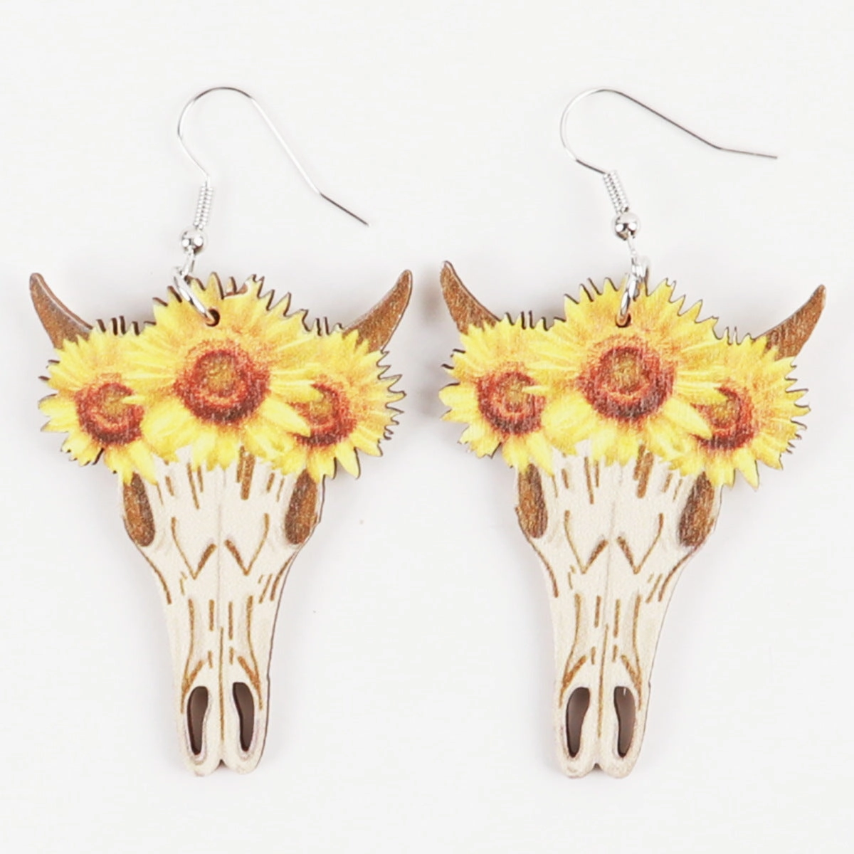 Wholesale Western Style Sunflower Cow Head Boots Wood Chip Hollow Earrings