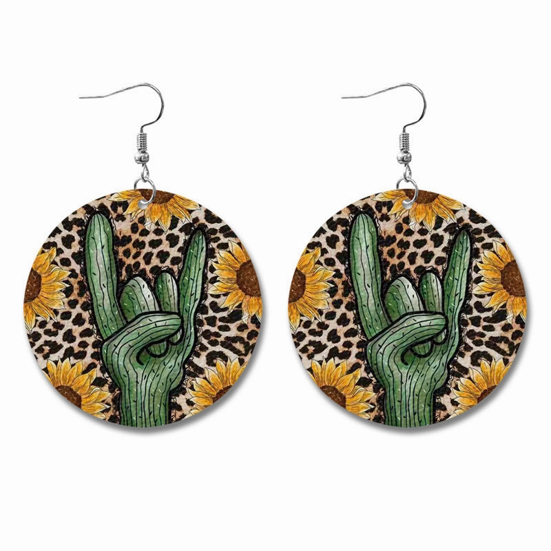 Wholesale Western Style Sunflower Cow Leather Earrings