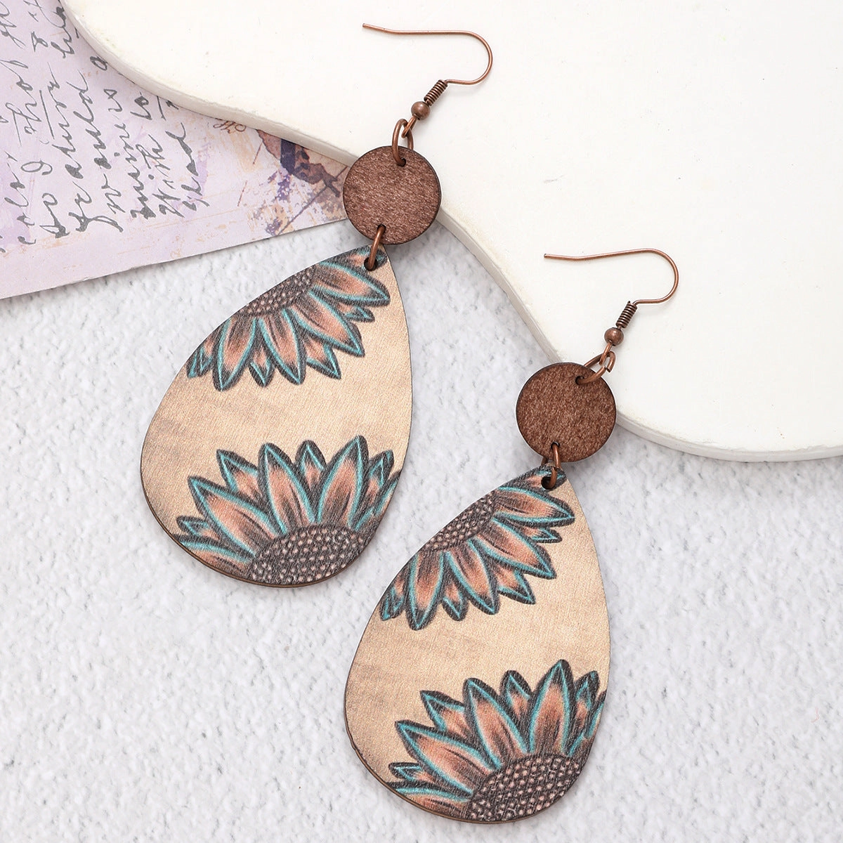 Wholesale Western Style Sunflower Cow Pattern Vintage Wood Grain Earrings