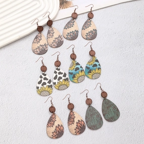 Wholesale Western Style Sunflower Cow Pattern Vintage Wood Grain Earrings