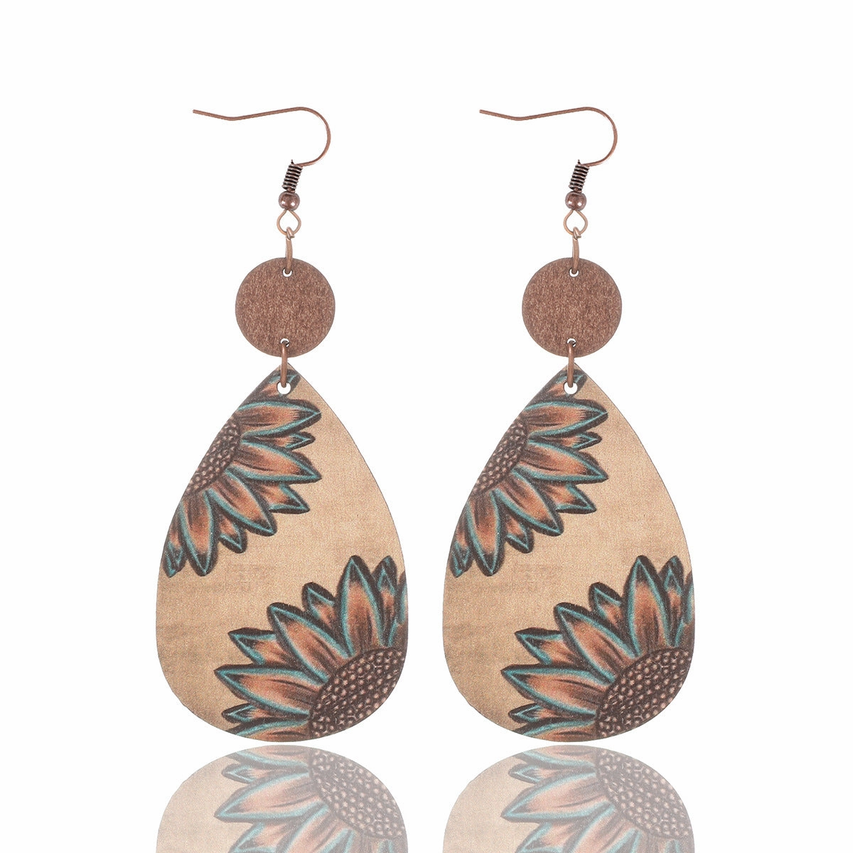 Wholesale Western Style Sunflower Cow Pattern Vintage Wood Grain Earrings