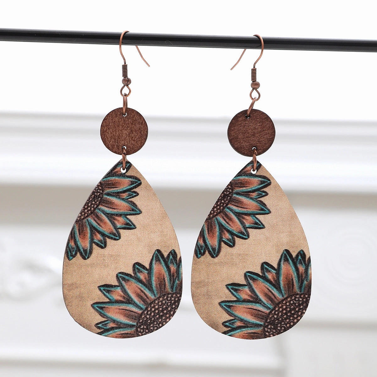 Wholesale Western Style Sunflower Cow Pattern Vintage Wood Grain Earrings