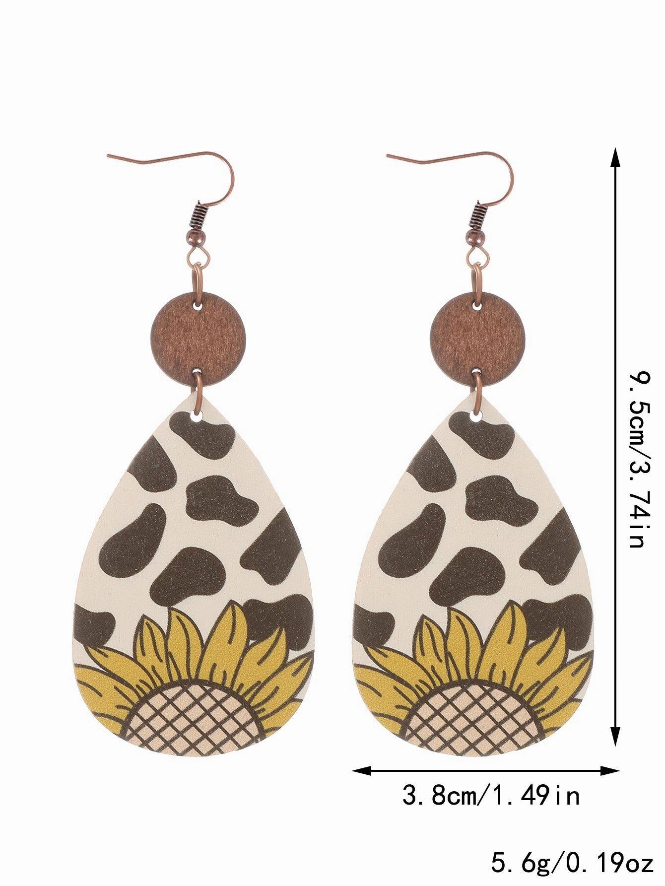 Wholesale Western Style Sunflower Cow Pattern Vintage Wood Grain Earrings