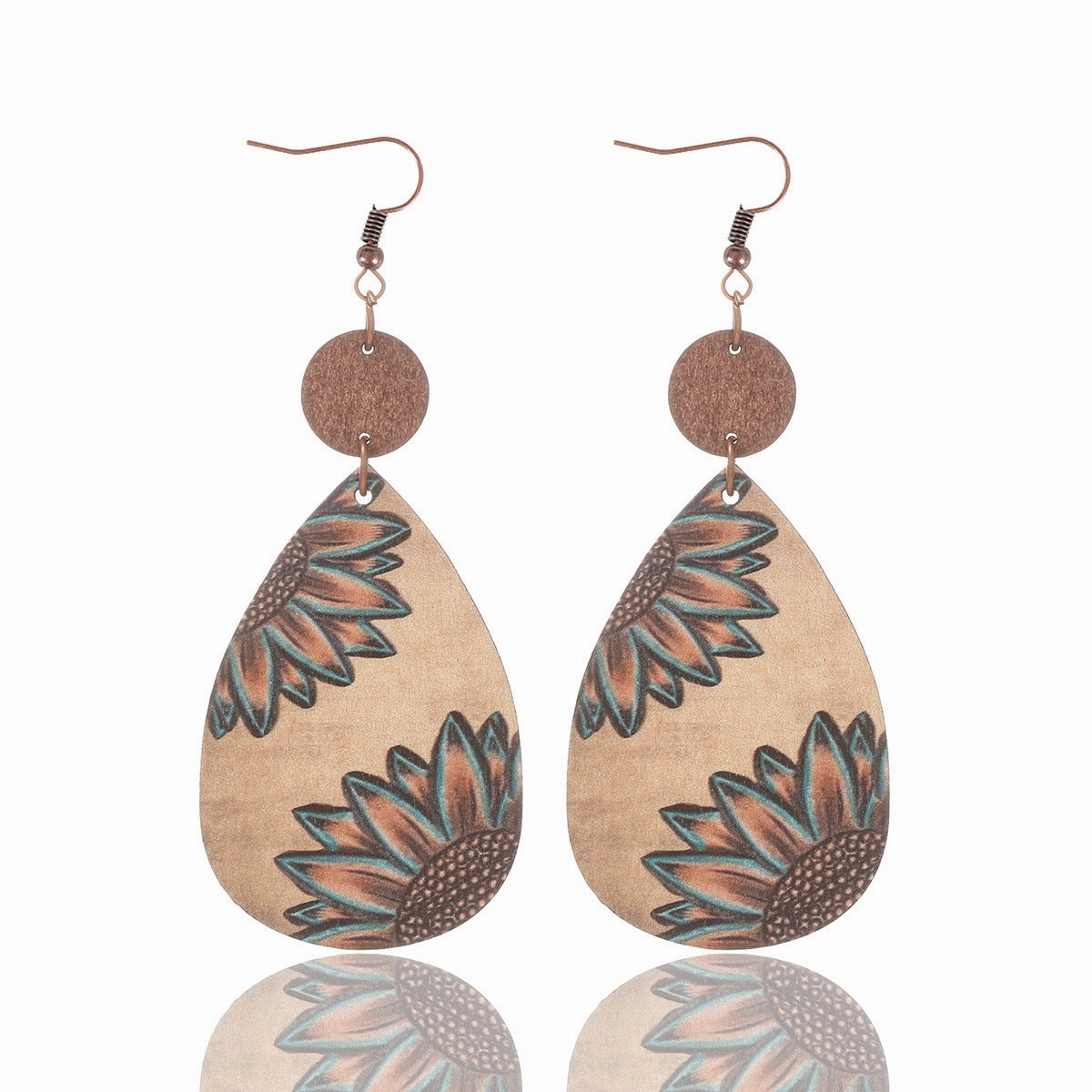 Wholesale Western Style Sunflower Cow Pattern Vintage Wood Grain Earrings