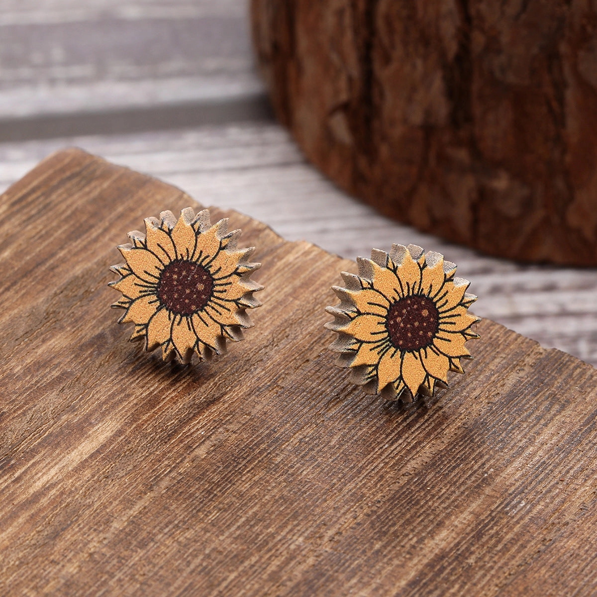 Wholesale Western Style Sunflower Flower Chrysanthemum Pattern Wooden Earrings