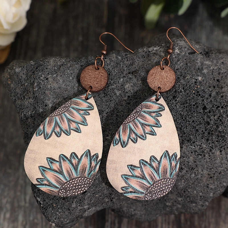Wholesale Western Style Sunflower Vintage Wood Chip Carved Water Drop Earrings