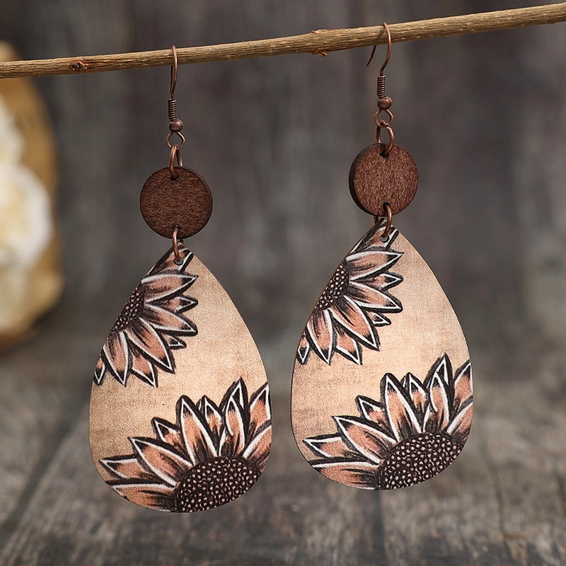 Wholesale Western Style Sunflower Vintage Wood Chip Carved Water Drop Earrings