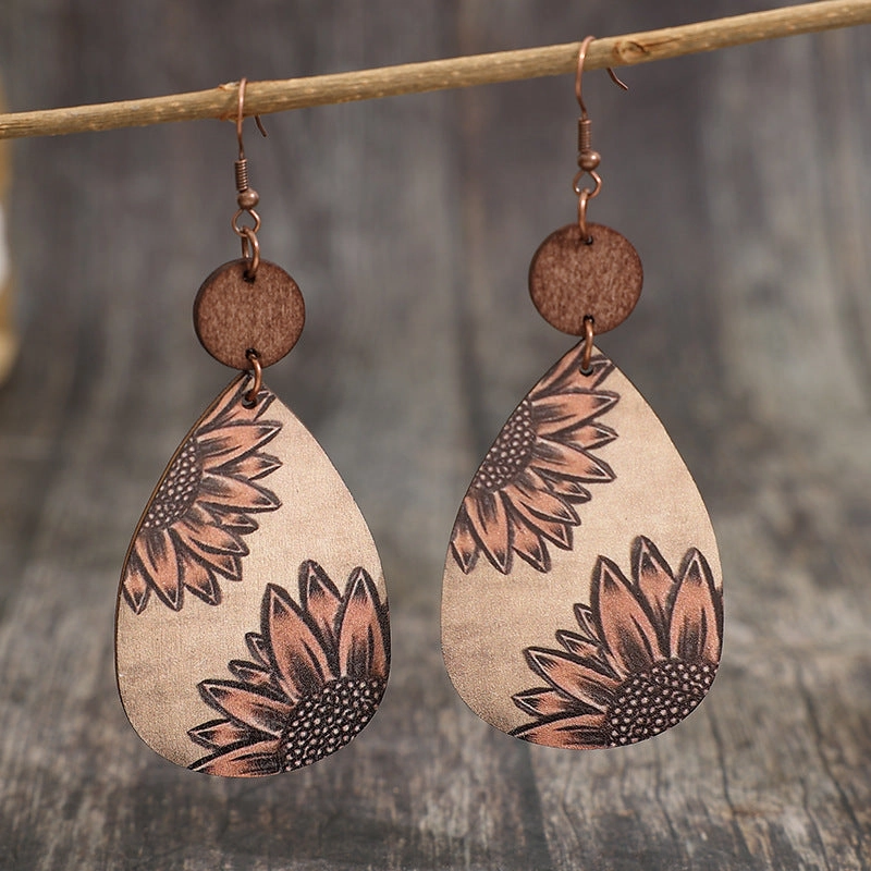 Wholesale Western Style Sunflower Vintage Wood Chip Carved Water Drop Earrings