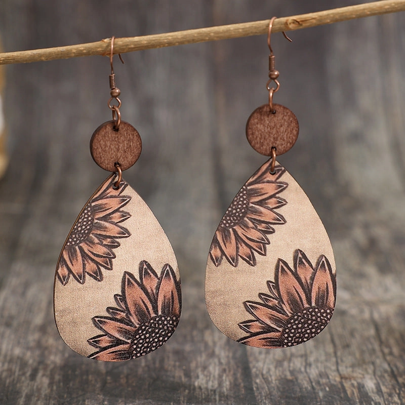 Wholesale Western Style Sunflower Vintage Wood Chip Carved Water Drop Earrings