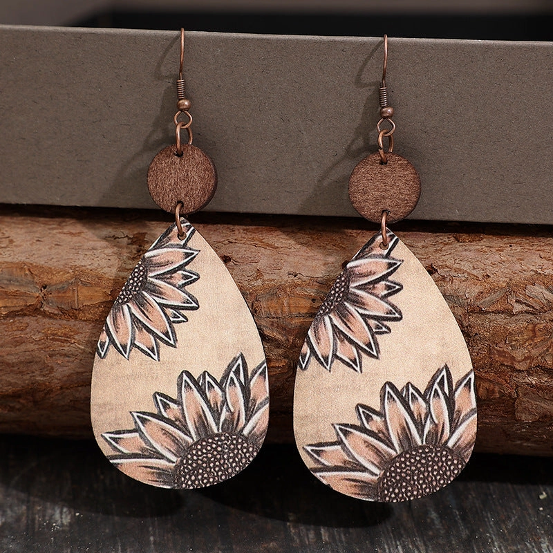 Wholesale Western Style Sunflower Vintage Wood Chip Carved Water Drop Earrings