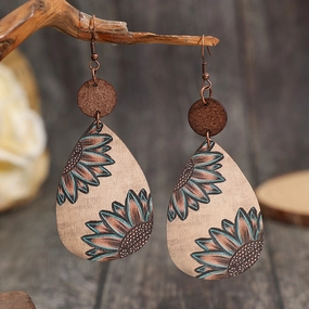 Wholesale Western Style Sunflower Vintage Wood Chip Carved Water Drop Earrings