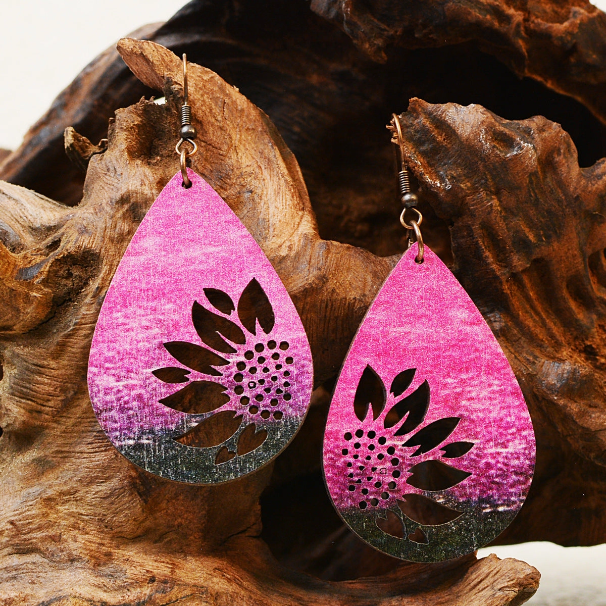 Wholesale Western Style Sunflower Wooden Double Sided Print Earrings