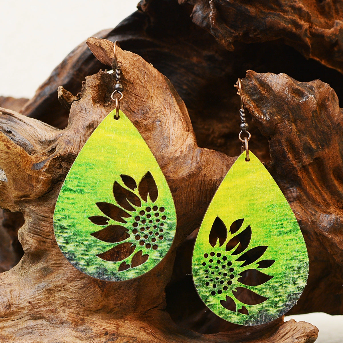 Wholesale Western Style Sunflower Wooden Double Sided Print Earrings