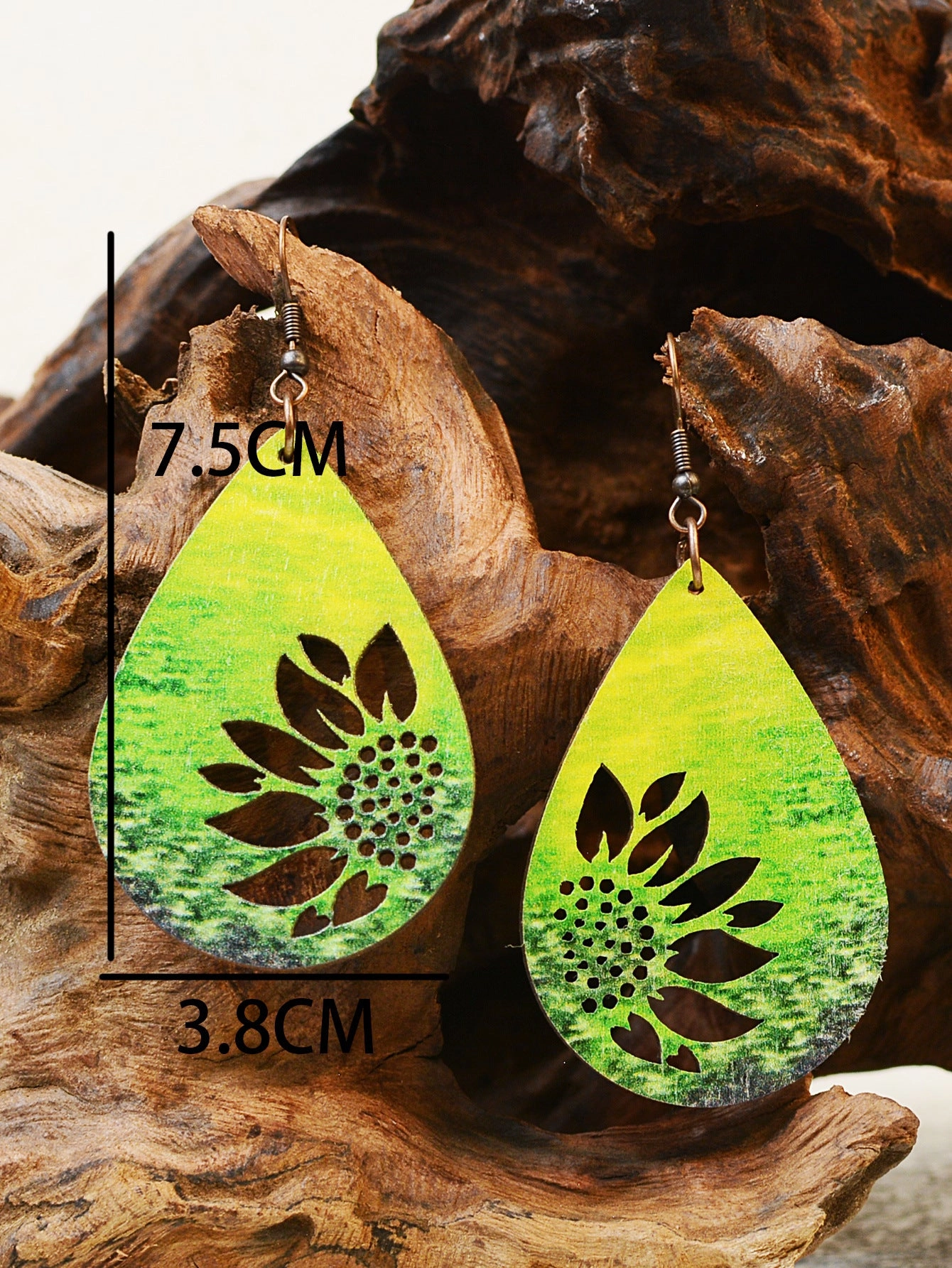 Wholesale Western Style Sunflower Wooden Double Sided Print Earrings