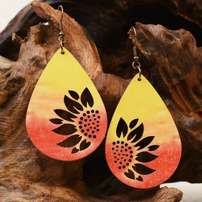 Wholesale Western Style Sunflower Wooden Double Sided Print Earrings