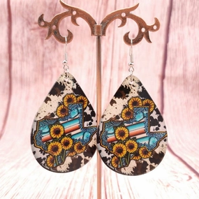 Wholesale Western Style Texas Map Cow Pattern Sunflower Water Drop Acrylic Earrings