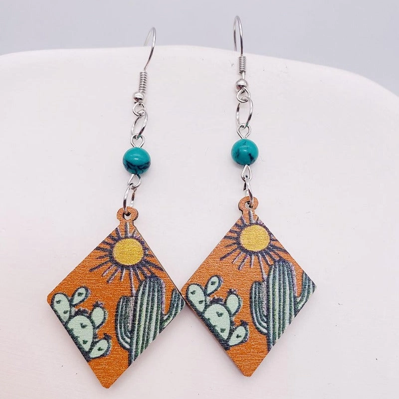 Wholesale Western Style Turquoise Cactus Sunset Wooden Earrings