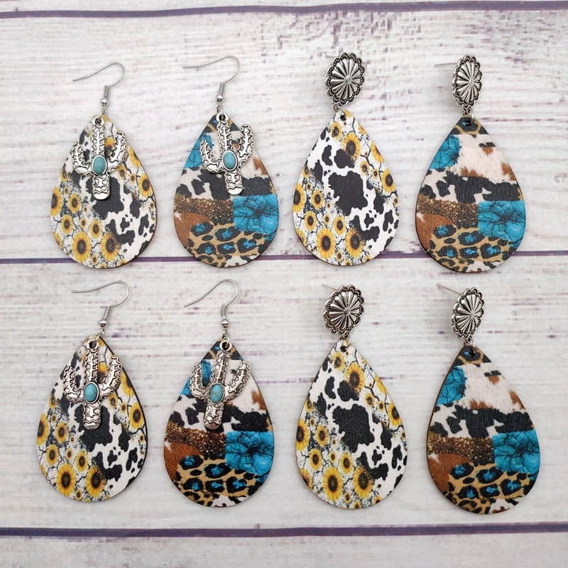 Wholesale Western Style Turquoise Leopard Print Sunflower Cow Print Leather Drop Earrings