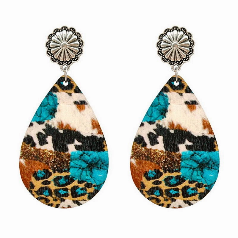 Wholesale Western Style Turquoise Leopard Print Sunflower Cow Print Leather Drop Earrings