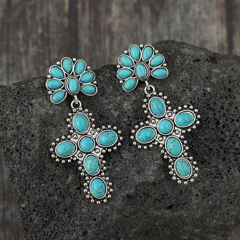 Wholesale Western Style Vintage Cross Stitching Half Flower Inlaid Turquoise Earrings