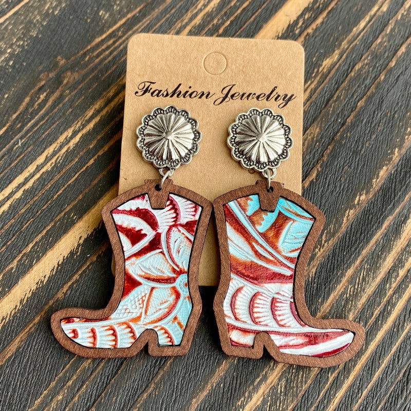 Wholesale Western Style Western Cowboy Boots Leopard Print Cow Print Earrings